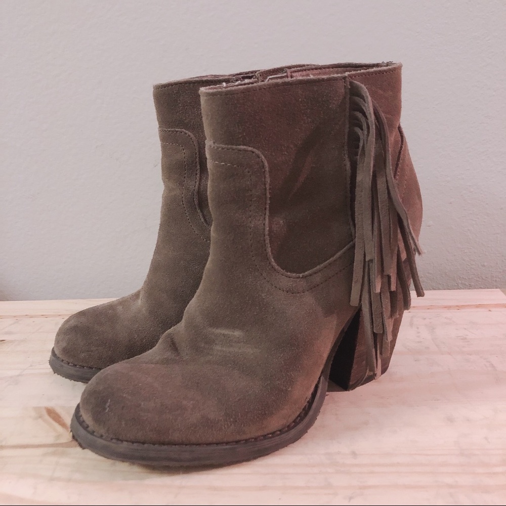 Taupe Fringe Suede Block Heel Booties